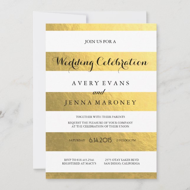 Gold Stripes Elegant Wedding Invitation (Front)