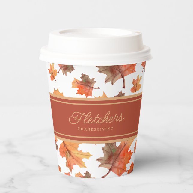Gold Stripes & Golden Fall Leaves Customisable Paper Cups (Front)