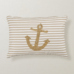 Gold Stripes Nautical Anchor Decorative Cushion