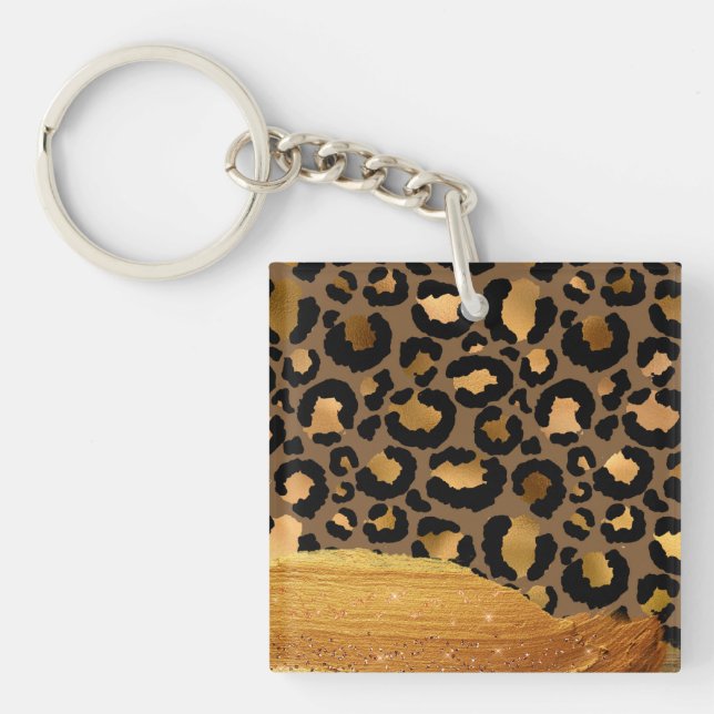 Gold Stripes on Metal Glamour Cheetah Skin Key Ring (Front)