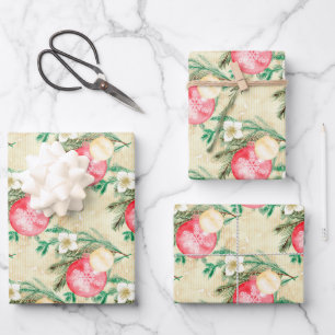 Gold Stripes Pink Christmas Balls Wrapping Paper Sheet