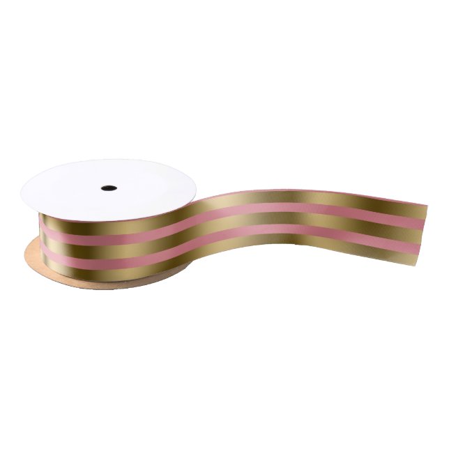 Gold Stripes & Pink Geometric Pattern Satin Ribbon (Spool)