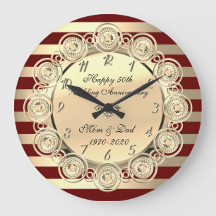 Gold Stripes,Red Diamonds 50th Wedding Anniversary Large Clock