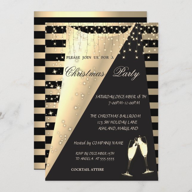 Gold Stripes, Stars Lights Company Christmas Party Invitation (Front/Back)