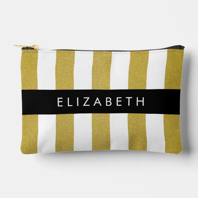 Gold Stripes, Striped Pattern, Lines, Your Name Accessory Pouch (Front)