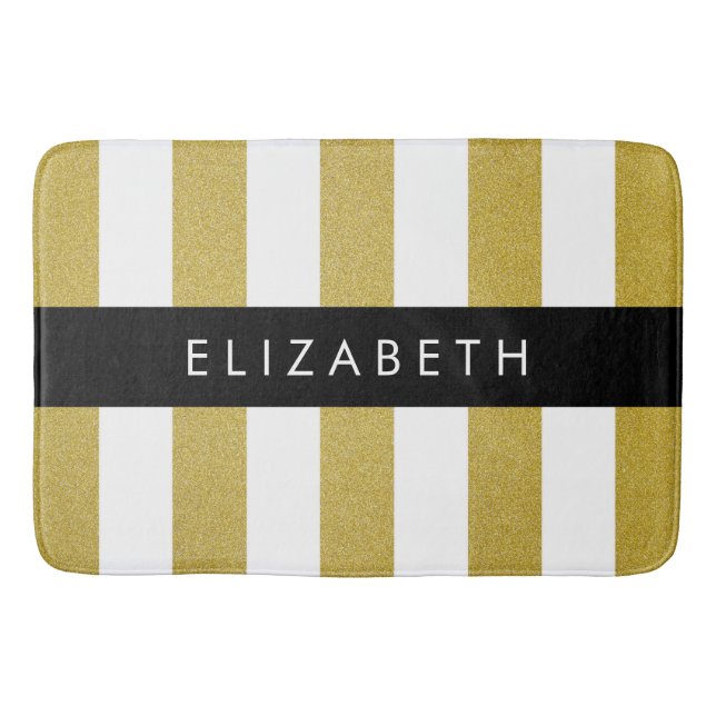 Gold Stripes, Striped Pattern, Lines, Your Name Bath Mat (Front)