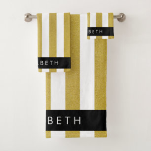 Gold Stripes, Striped Pattern, Lines, Your Name Bath Towel Set