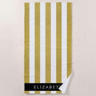 Gold Stripes, Striped Pattern, Lines, Your Name Beach Towel