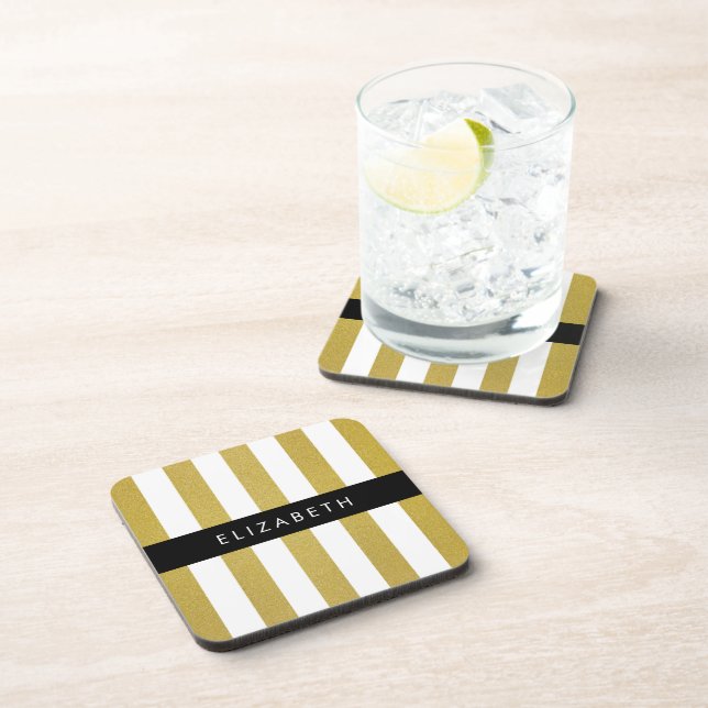 Gold Stripes, Striped Pattern, Lines, Your Name Coaster (Right Side)