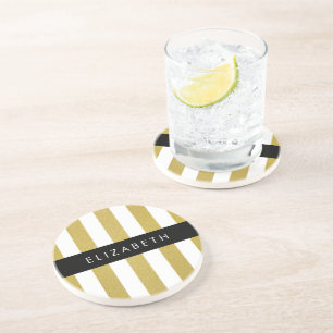 Gold Stripes, Striped Pattern, Lines, Your Name Coaster