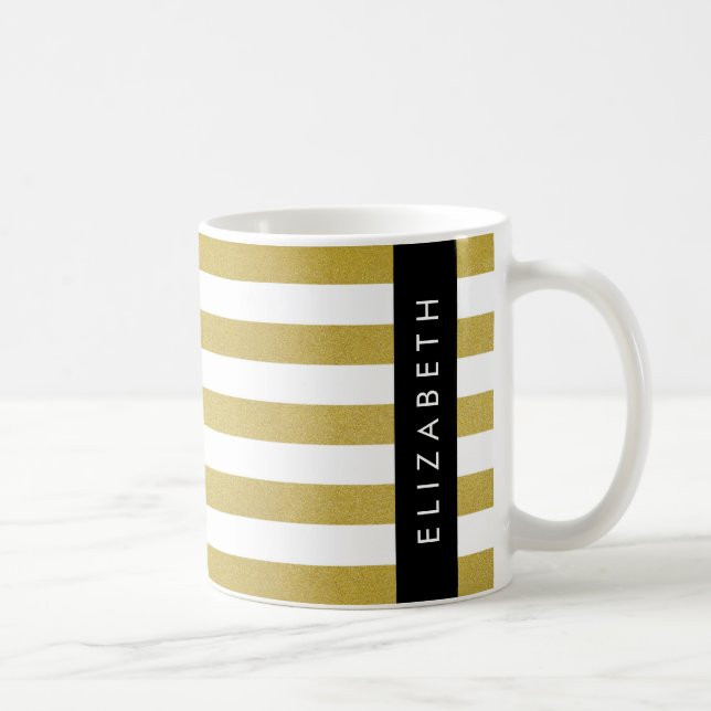 Gold Stripes, Striped Pattern, Lines, Your Name Coffee Mug (Right)