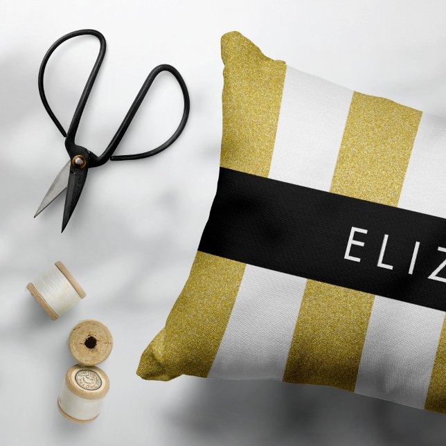 Gold Stripes, Striped Pattern, Lines, Your Name Decorative Cushion (Creator Uploaded)