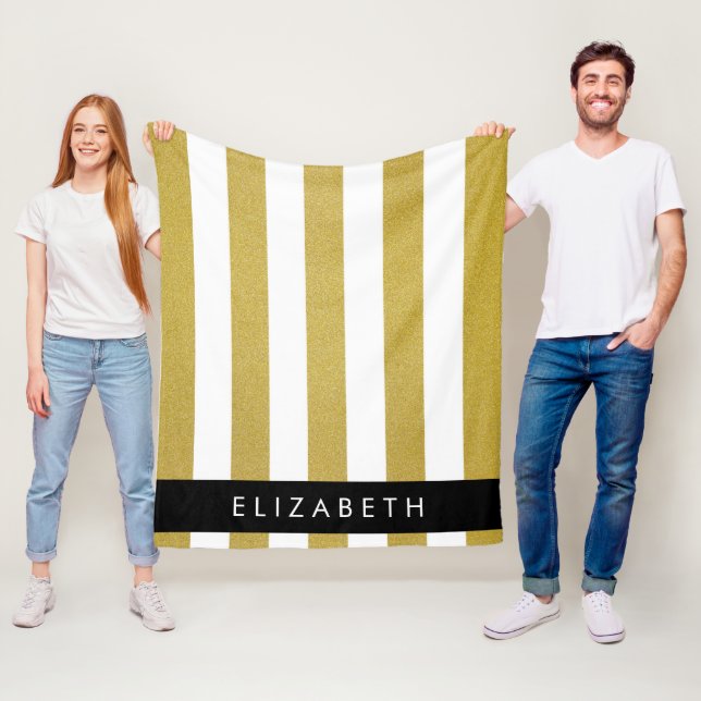 Gold Stripes, Striped Pattern, Lines, Your Name Fleece Blanket (In Situ)
