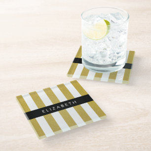 Gold Stripes, Striped Pattern, Lines, Your Name Glass Coaster