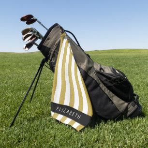 Gold Stripes, Striped Pattern, Lines, Your Name Golf Towel