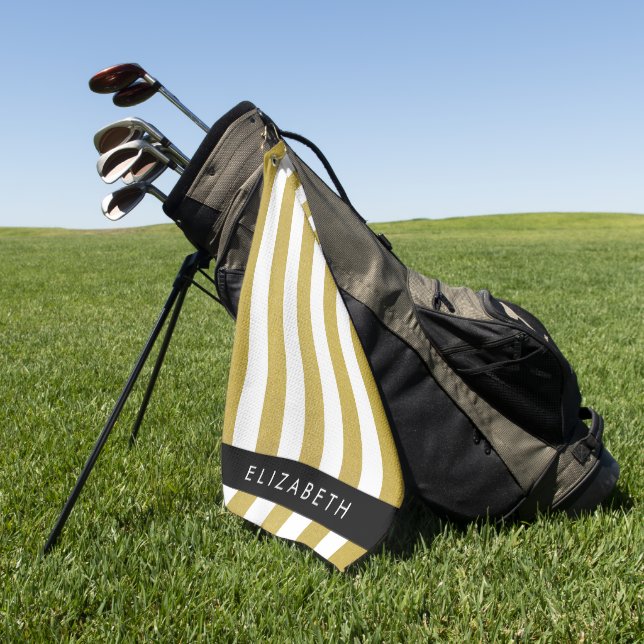 Gold Stripes, Striped Pattern, Lines, Your Name Golf Towel (Green)