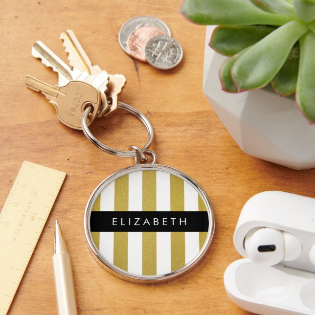 Gold Stripes, Striped Pattern, Lines, Your Name Key Ring (Desk)