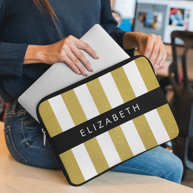Gold Stripes, Striped Pattern, Lines, Your Name Laptop Sleeve (Creator Uploaded)