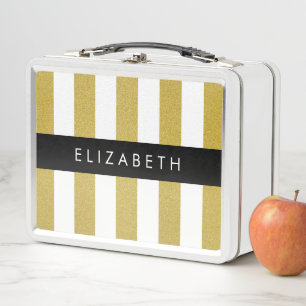 Gold Stripes, Striped Pattern, Lines, Your Name Metal Lunch Box
