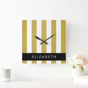 Gold Stripes, Striped Pattern, Lines, Your Name Square Wall Clock