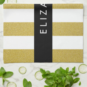 Gold Stripes, Striped Pattern, Lines, Your Name Tea Towel