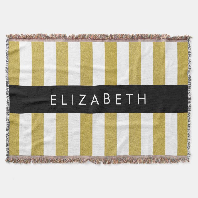 Gold Stripes, Striped Pattern, Lines, Your Name Throw Blanket (Front)