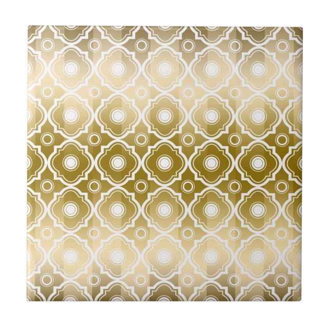 Gold Stripes & White Quatrefoil Geometric Ceramic Tile (Front)