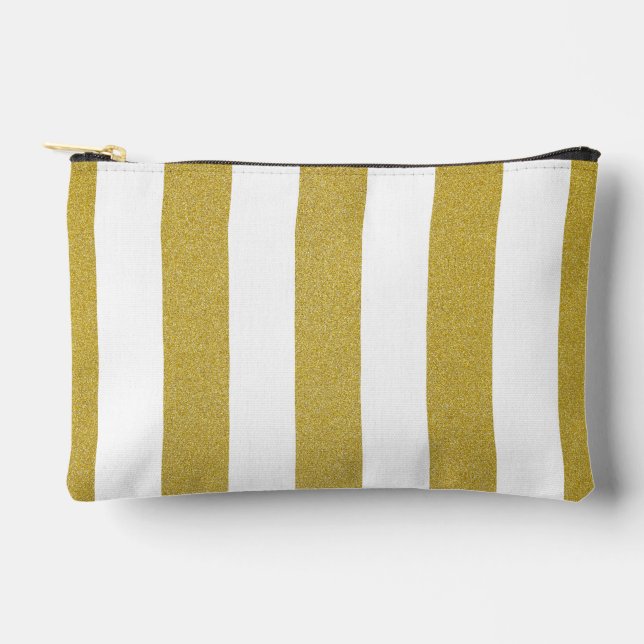 Gold Stripes, White Stripes, Striped Pattern Accessory Pouch (Front)
