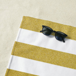 Gold Stripes, White Stripes, Striped Pattern Beach Towel