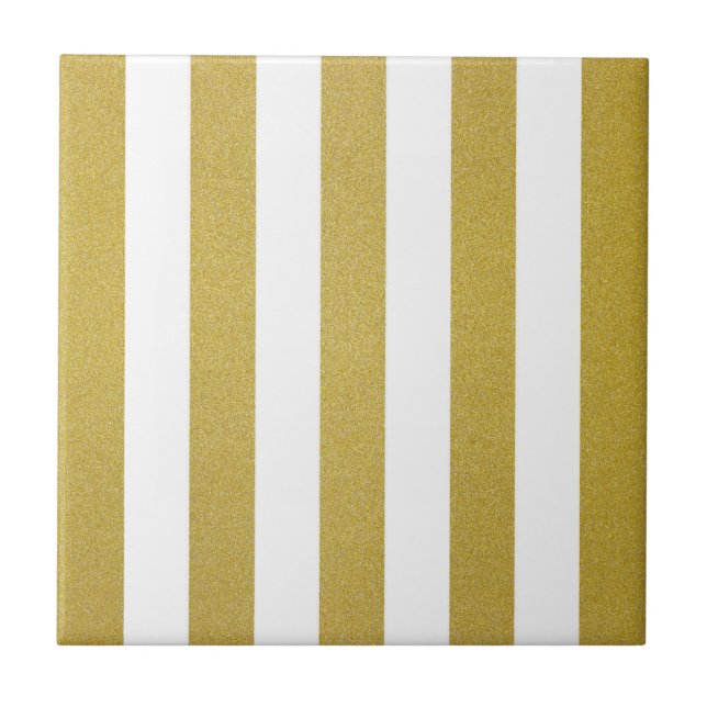 Gold Stripes, White Stripes, Striped Pattern Ceramic Tile (Front)
