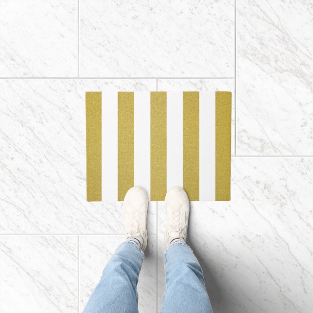 Gold Stripes, White Stripes, Striped Pattern Doormat (Indoor)