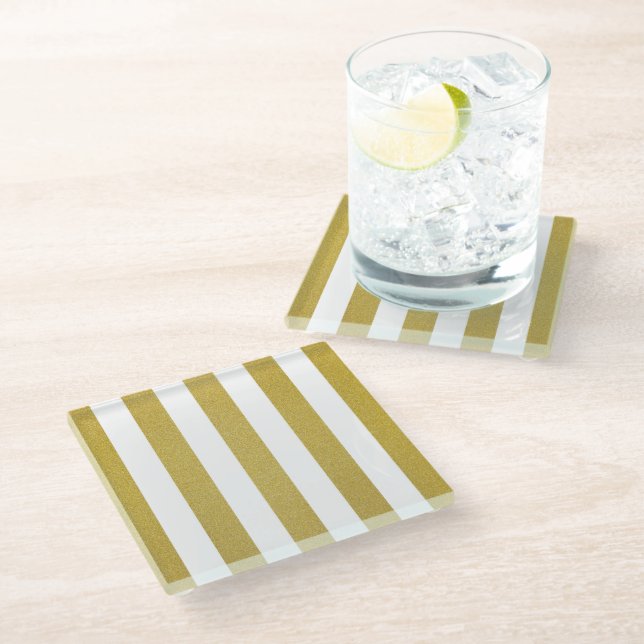 Gold Stripes, White Stripes, Striped Pattern Glass Coaster (Angled)