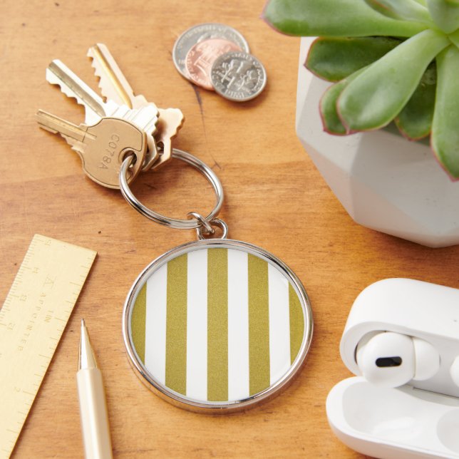 Gold Stripes, White Stripes, Striped Pattern Key Ring (Desk)