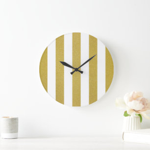 Gold Stripes, White Stripes, Striped Pattern Large Clock