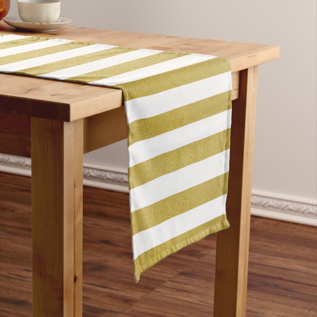Gold Stripes, White Stripes, Striped Pattern Medium Table Runner (In Situ)