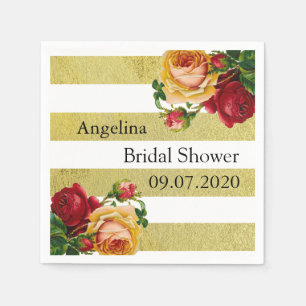 Gold Strips Vintage Style Floral Personalised Wedd Napkin