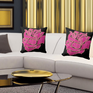 Gold Studded Pink Watercolor Rose Black Throw Pill Cushion