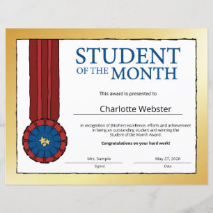 Gold Student of the Month Award Honour Certificate