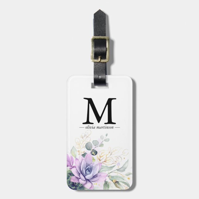 Gold Succulents Greenery Monogram  Luggage Tag (Front Vertical)