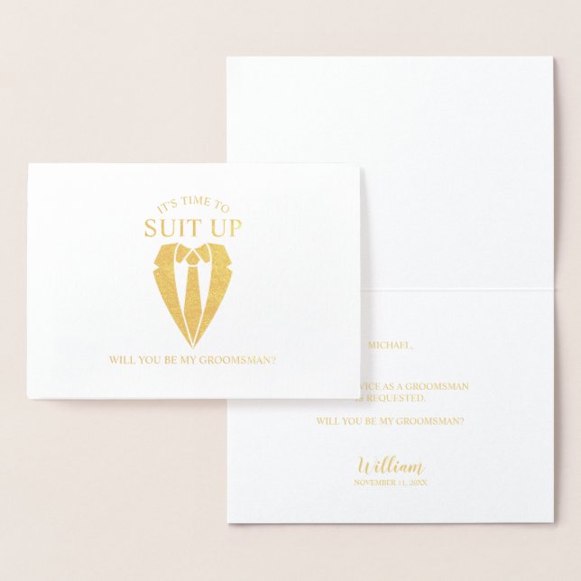 Gold Suit Personalised Groomsman Proposal Foil Card (Display)