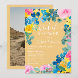 Gold summer floral photo bridal shower invitation