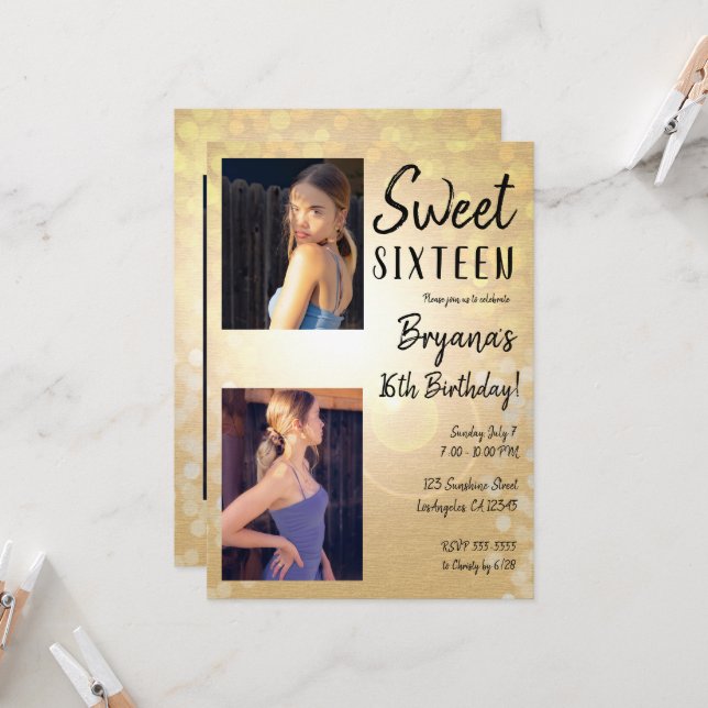 Gold Summer Lights Sweet 16 Birthday Party Photo  Invitation (Front/Back In Situ)