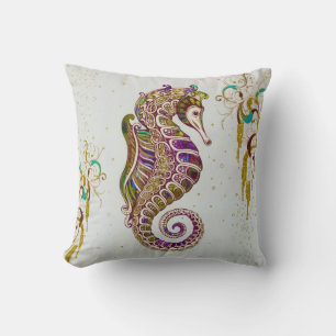 Gold Summer Rainbow Seahorse Glitter Cushion