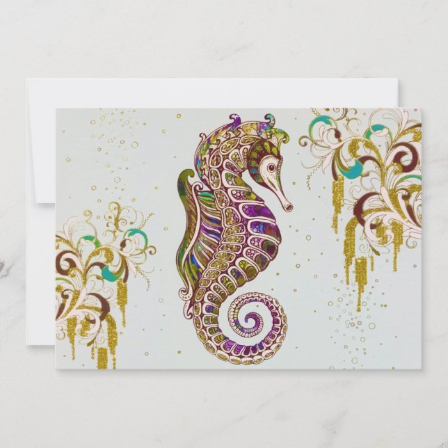 Gold Summer Rainbow Seahorse Glitter Holiday Card (Front)