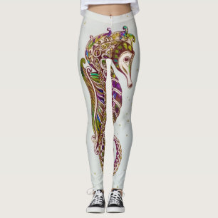 Gold Summer Rainbow Seahorse Glitter Leggings