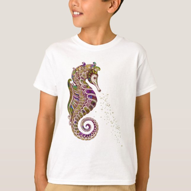 Gold Summer Rainbow Seahorse Glitter T-Shirt (Front)