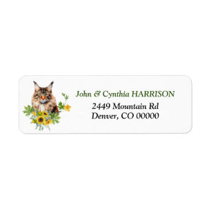 Gold Summer Sunflower Maine Coon Cat  Return Address Label