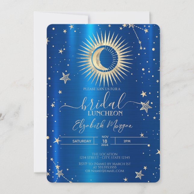 Gold Sun And Moon Stars Blue Metallic Luncheon Invitation (Front)