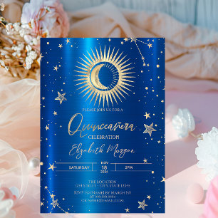 Gold Sun And Moon Stars Blue Metallic Quinceanera Invitation