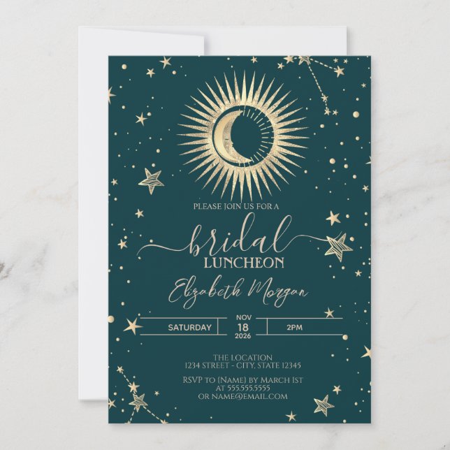Gold Sun And Moon Stars Green Bridal Luncheon Invitation (Front)